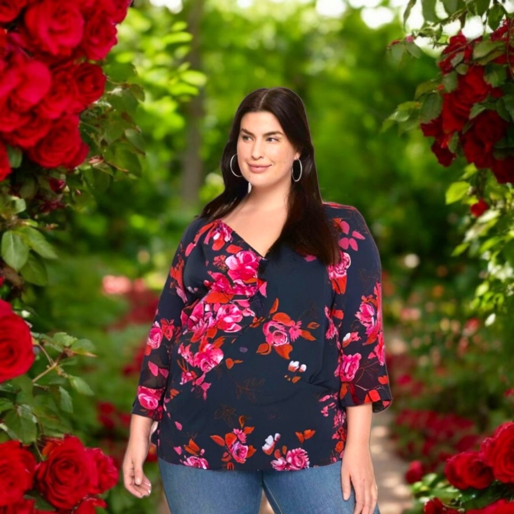 Pretty Avenue bejeweled ruffled floral blouse
